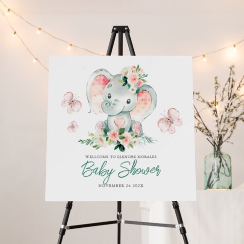 Green Pink Cute Floral Elephant Frame Baby Shower Foam Board