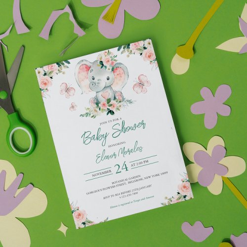 Green Pink Cute Floral Elephant Frame Baby Shower Invitation