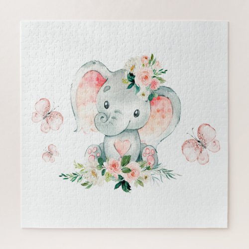 Green Pink Cute Floral Elephant Frame Baby Shower Jigsaw Puzzle