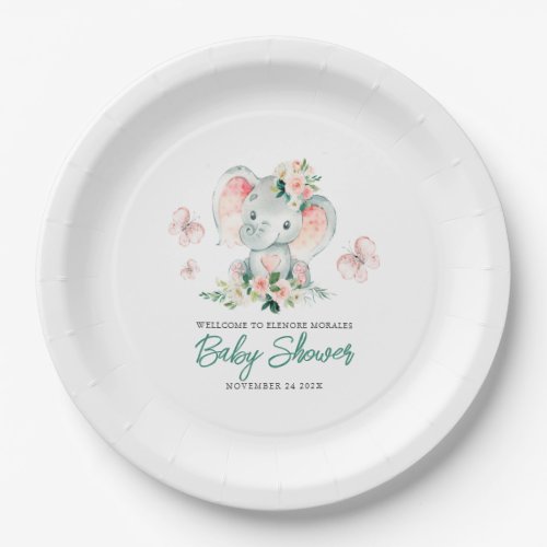 Green Pink Cute Floral Elephant Frame Baby Shower Paper Plates