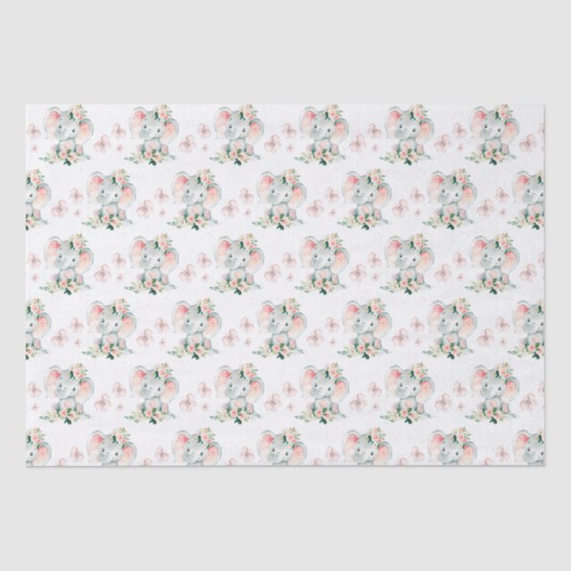 Green Pink Cute Floral Elephant Frame Baby Shower Tissue Paper (Front)