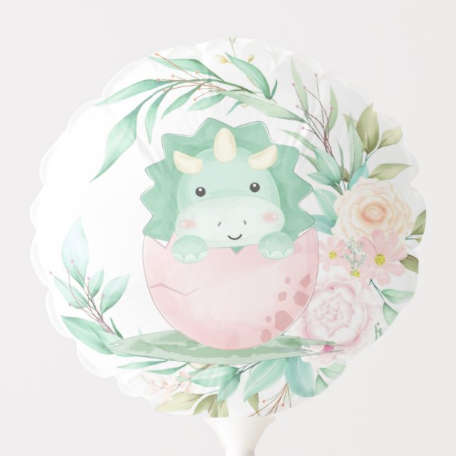 Green Pink Dinosaur Peony Baby Shower Balloon (Front)