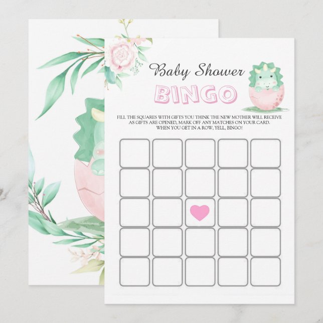 Green Pink Dinosaur Peony Baby Shower Bingo Card (Front/Back)