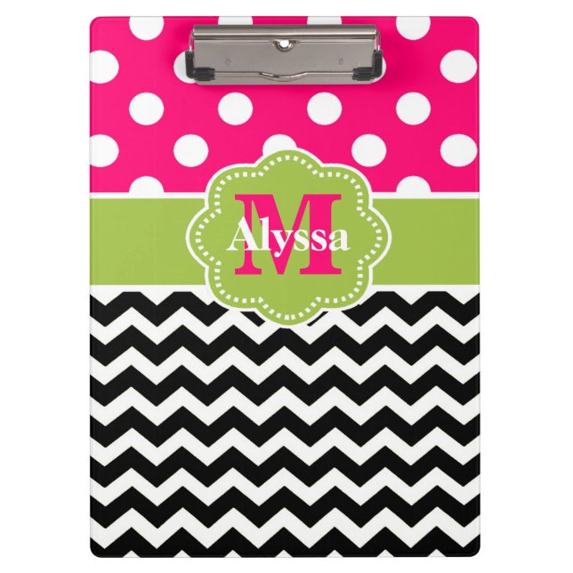 Green Pink Dots Chevron Personalized Clipboard (Front)