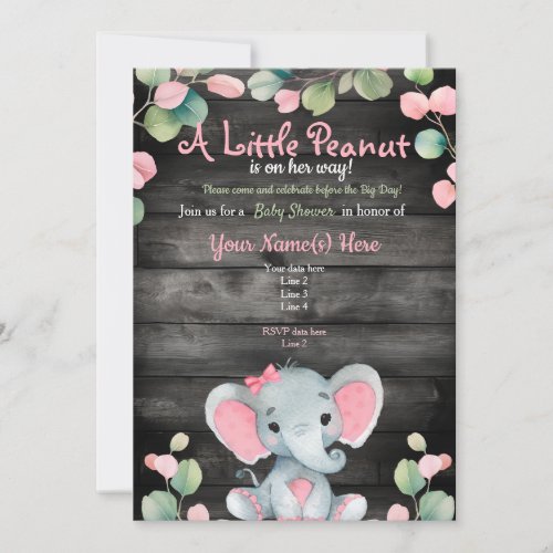 Green Pink Elephant Baby Shower invitation Rustic