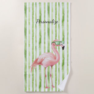 Green Pink Flamingo Beach Towel