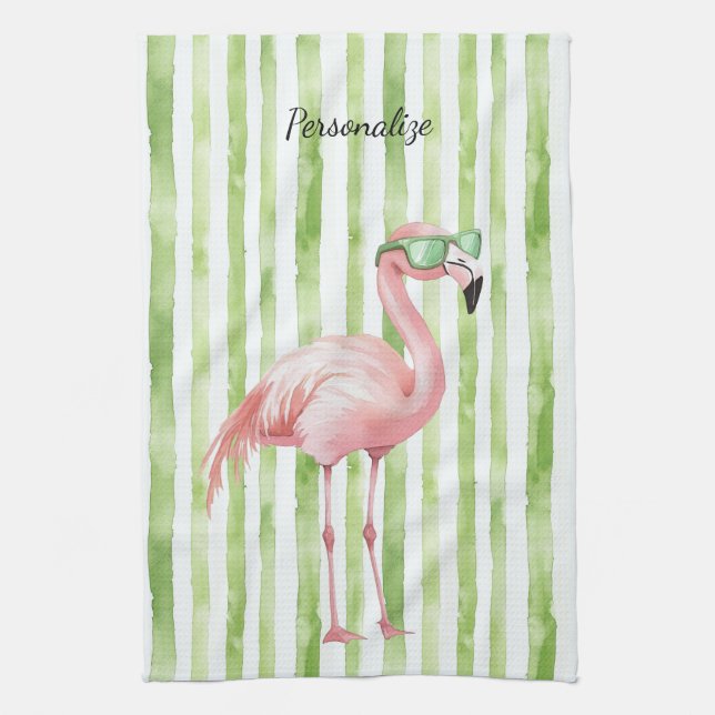 Green Pink Flamingo   Kitchen Towel (Vertical)