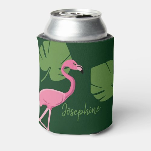 Green Pink flamingo Name Destination Wedding Can Cooler