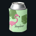Green Pink Flamingo Tropical Bachelorette Can Cooler<br><div class="desc">Surprise the girls at the bachelorette party with can cooler flamingo designs. This can cooler features my pink flamingo tropical illustration with green monstera leaves which you can customize for each person. A field for their name on one side and the bride-to-be's name and greeting, with date on the other....</div>