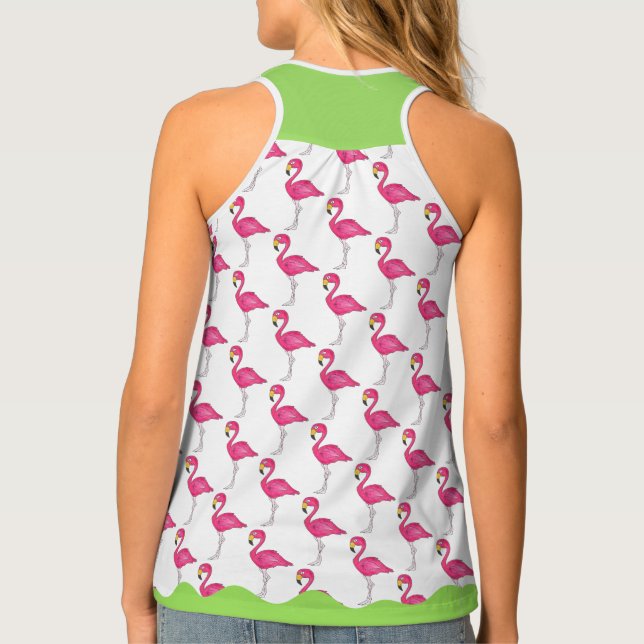 Green Pink Flamingo Tropical Island Bird Print Tank Top (Back)