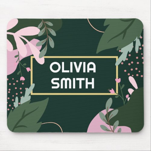Green Pink Floral Abstract Botanical Personalized Mouse Pad