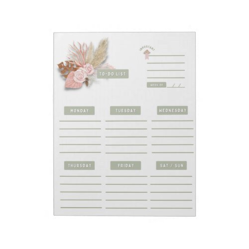 Green Pink Floral Boho Weekly Planner Calender Notepad