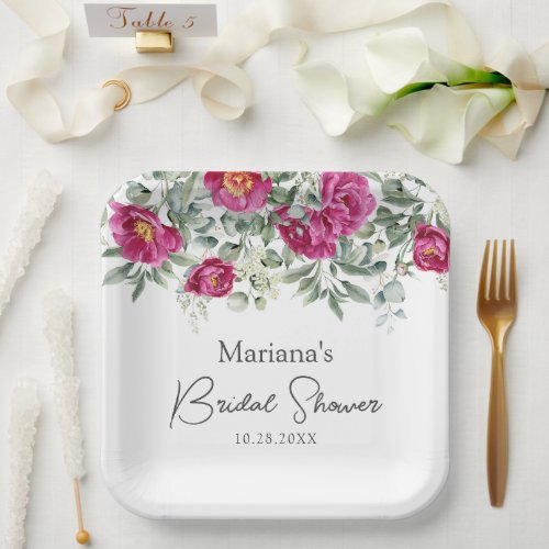 Green Pink Floral Bridal Shower Paper Plates