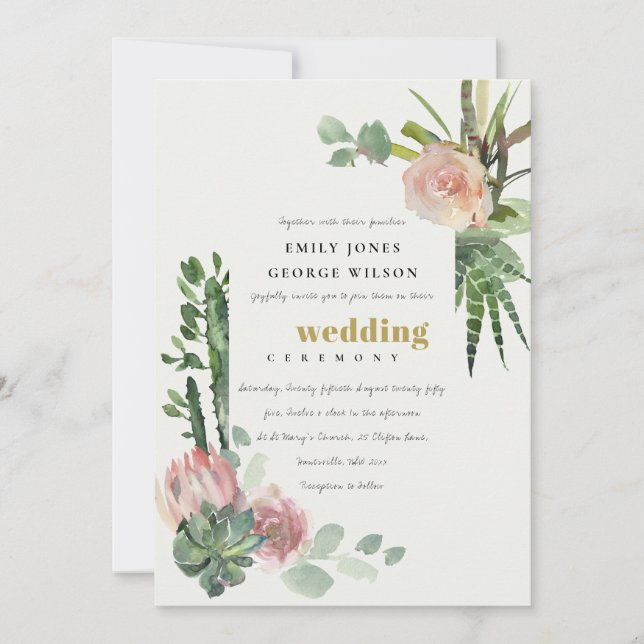 GREEN PINK FLORAL DESERT CACTI FOLIAGE WEDDING INVITATION (Front)