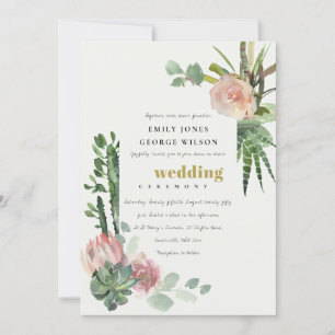 GREEN PINK FLORAL DESERT CACTI FOLIAGE WEDDING INVITATION