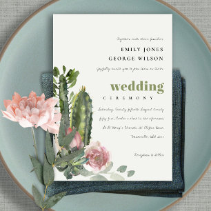 GREEN PINK FLORAL DESERT CACTI FOLIAGE WEDDING INVITATION