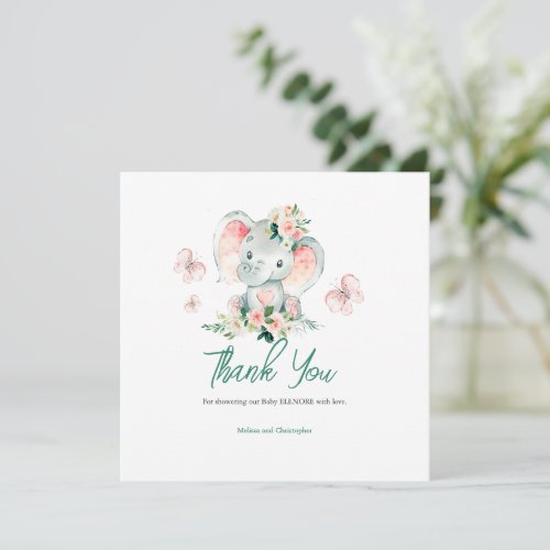 Green Pink Floral Elephant Frame Diaper Raffle Thank You Card