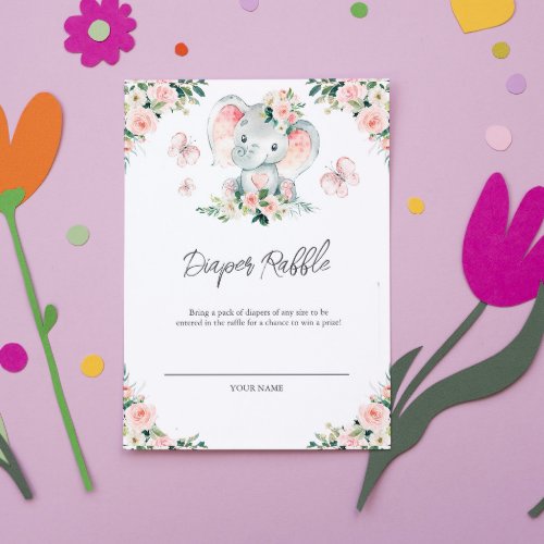 Green Pink Floral Elephant Frame Diaper Raffle Thank You Card