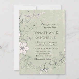 Green Pink Floral Garden Wreath Christian Wedding Invitation