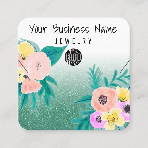 Green Pink Floral Glitter Logo Necklace Display Square Business Card
