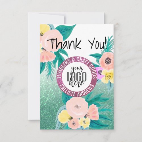 Green Pink Floral Glitter Ombre Logo Customer Thank You Card