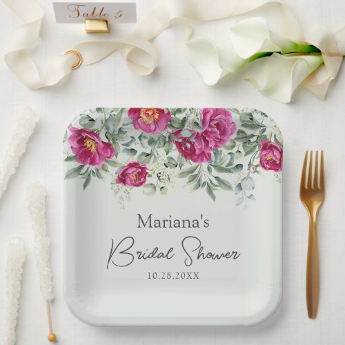 Green Pink Floral on Sage Bridal Shower Paper Plates