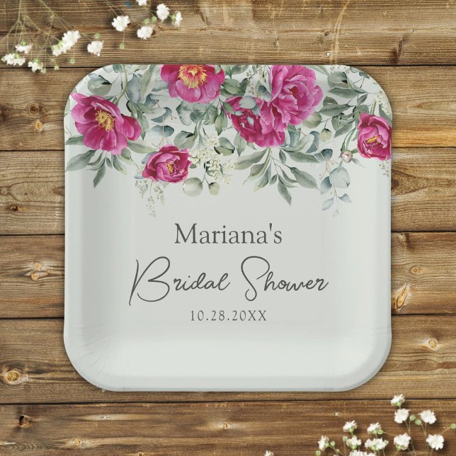 Green Pink Floral on Sage Bridal Shower Paper Plates (Creator Uploaded)