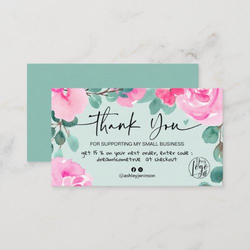 Green Pink floral watercolor order thank you Business Card