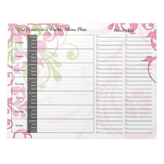 Green Pink Floral Weekly Personalized Meal Planner Notepad (Front)