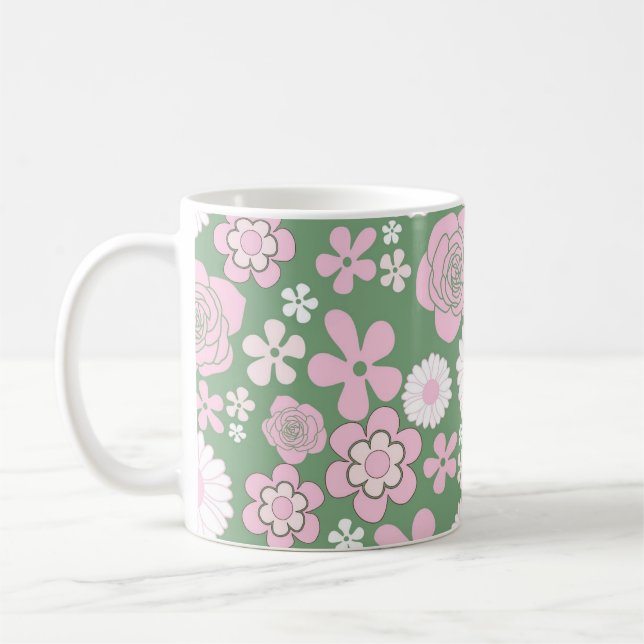Green Pink Floral Whimsical Y2K Spring & Summer  Coffee Mug (Left)