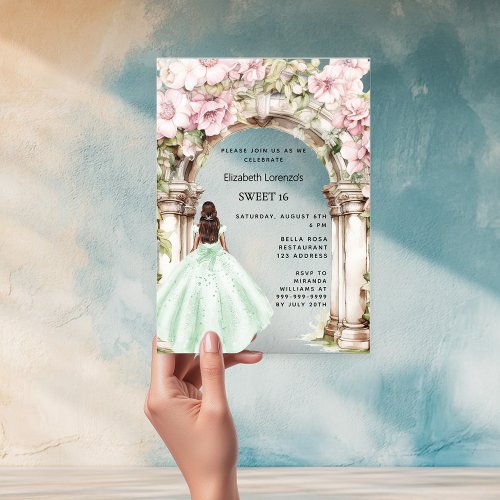 Green pink florals arch dress clear Sweet 16 Acrylic Invitations