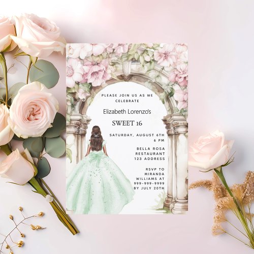 Green pink florals arch dress Sweet 16 Invitation