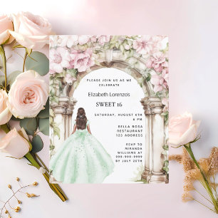 Green pink florals arch dress Sweet 16 Invitation Postcard