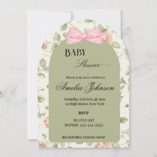 Green Pink Flower & Bow Girl Baby Shower Invitation
