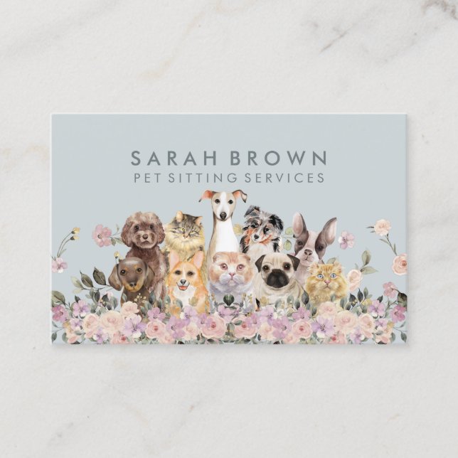 Green Pink Flowers Pet Dogs Cats Business Card (Front)