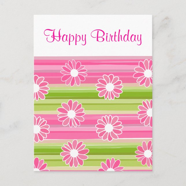 Green pink flowers stripes Happy Birthday Postcard (Front)
