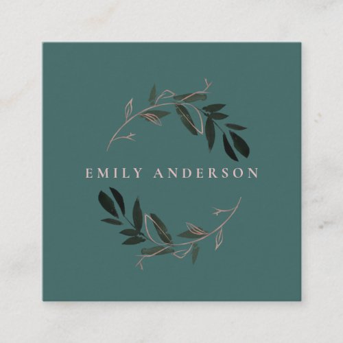 GREEN PINK FOLIAGE WATERCOLOR WREATH PROFESSIONAL SQUARE BUSINESS CARD