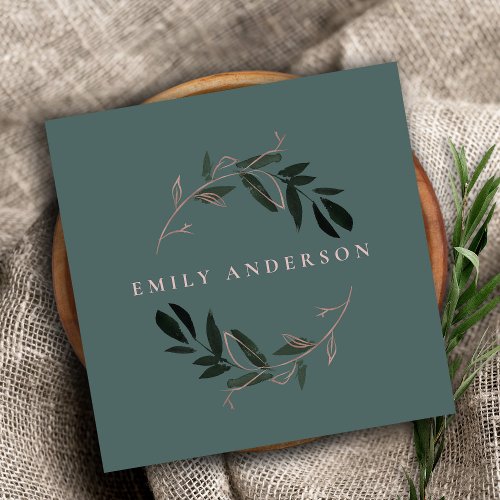 GREEN PINK FOLIAGE WATERCOLOR WREATH PROFESSIONAL SQUARE BUSINESS CARD