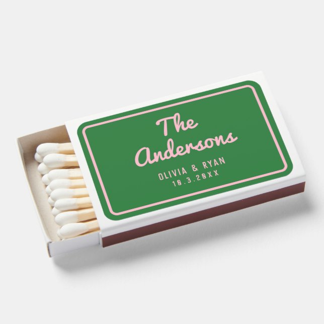 Green & Pink Funk Retro Wedding Favor Personalized Matchboxes (Front Open)