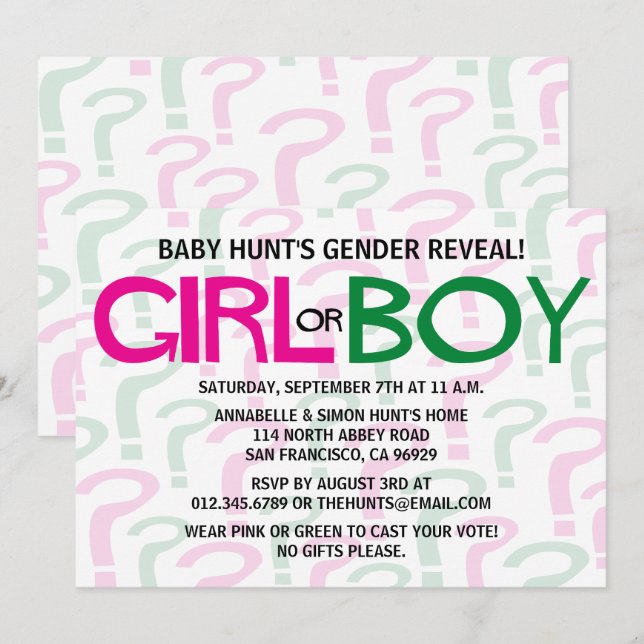 Green & Pink Gender Reveal Baby Shower Party Invitation (Front/Back)