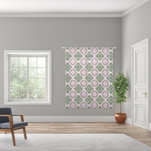 Green pink geometric Mediterranean tile pattern Sheer Curtains (Wide)