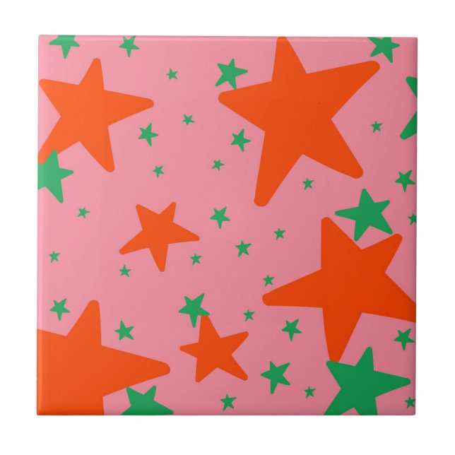 Green Pink Geometric Stars Pattern Ceramic Tile (Front)