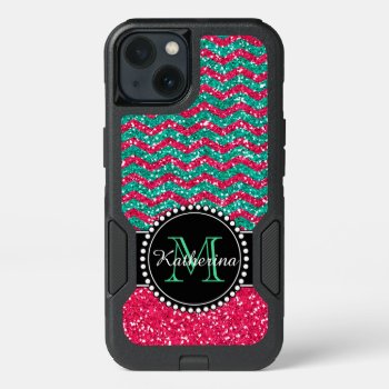 Green& Pink Glitter Chevron Personalized Defender Iphone 13 Case by CoolestPhoneCases at Zazzle