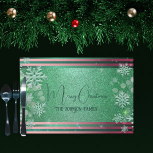 Green Pink Glitter Snowflake Christmas Placemat