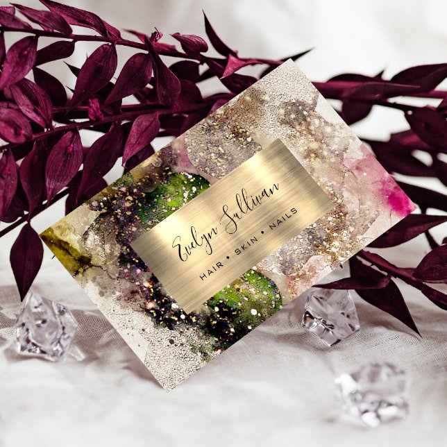 Green Pink Glitter Watercolor Business Card
