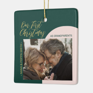 Green, Pink & Gold Modern First Christmas Photo Ceramic Ornament