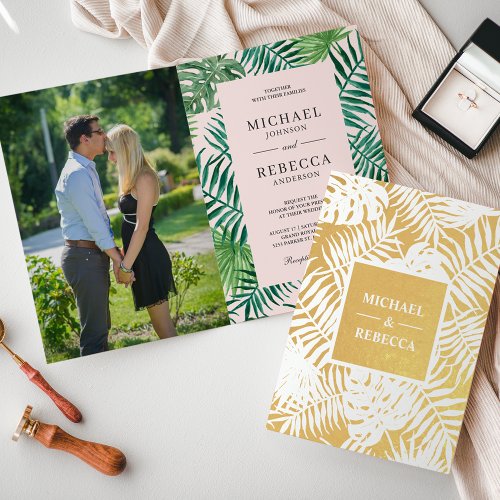 Green Pink Gold Palm Leaves Wedding Invitation