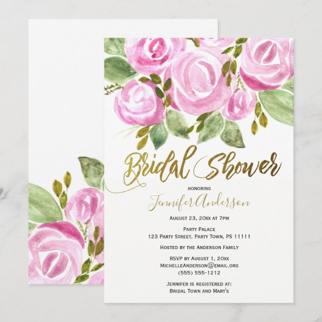 Green Pink Gold Rose Leaf Bridal Shower Invitation (Front/Back)