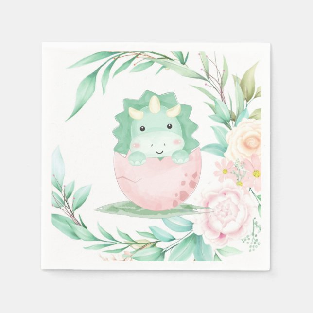 Green Pink Green Dinosaur Peony Baby Shower  Napkins (Front)