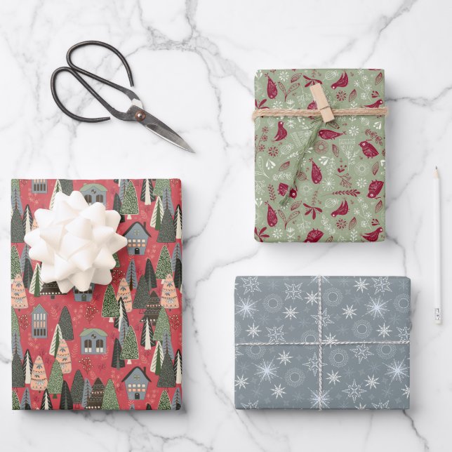Green Pink Grey Christmas Forest Village Wrapping Paper Sheets (Front)